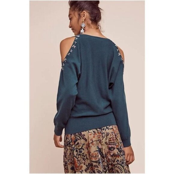 ✅ Host Pick ✅ Anthropologie Knitted & Knotted Bejeweled Sweater Teal Size SP - Picture 3 of 7